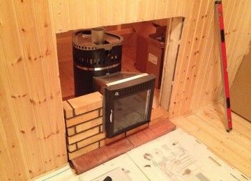 Установка банной печи с панорамным стеклом